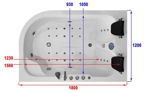 Wanna łazienkowa SPA z hydromasażem MO-631 PLUS, 2-osobowa 180x120x66cm lewa
