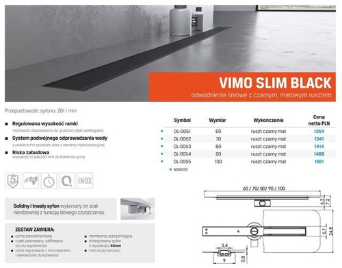 Odpływ liniowy Vimo Slim Black 60 cm, czarny mat 