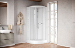 Półokrągła kabina 4-ścienna z dachem i deszczownicą Novellini Media Glass R, 90x90 cm, drzwi przesuwne, profil biały połysk