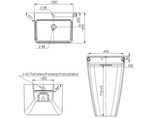 Umywalka wolnostojąca Marmite Ekwador 55x85x43 cm, bez otworu na armaturę