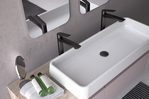 Bateria umywalkowa wysoka Desso Nero z korkiem kilk-klak, czarny mat 