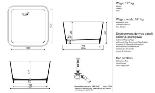 Wanna wolnostojąca Balia, bez przelewu, 121,5x121,51x65 cm, biały połysk