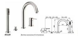 Bateria wannowa 4-otworowa Piper, z obrotową wylewką, czarny mat