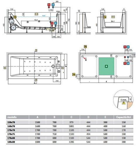 Wanna do zabudowy Novellini Calos 170x70 cm, biały połysk