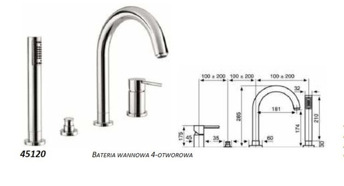 Bateria wannowa 4-otworowa Piper, z obrotową wylewką, czarny mat