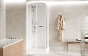 Kwadratowa kabina 4-ścienna z dachem Novellini Media Glass A, 90x90 cm, drzwi przesuwne, wejście z narożnika, profil biały połysk