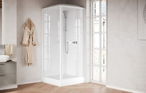 Kwadratowa kabina 4-ścienna Novellini Media Glass GF 90x90 cm, drzwi otwierane, profil biały połysk